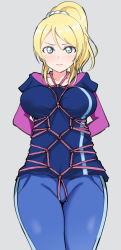Rule 34 | 1girl, arms behind back, ayase eli, bdsm, blonde hair, blue eyes, blush, bondage, bound, breasts, embarrassed, grey background, large breasts, long sleeves, love live!, love live! school idol project, pants, shibari, shibari over clothes, simple background, solo, sweatpants, wewe