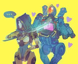 Rule 34 | ..., 1boy, 1girl, an gen lizi, android, apex legends, ash (titanfall 2), blue leotard, chinese commentary, heart, highres, holding, holding sword, holding weapon, hood, hood up, hooded leotard, humanoid robot, leotard, looking up, mouse (animal), one-eyed, pathfinder (apex legends), robot, science fiction, screen, speech bubble, spoken ellipsis, sword, weapon, yellow background