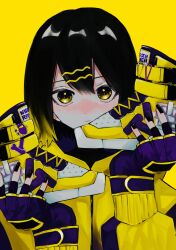 Rule 34 | 1girl, bandaid, black hair, black nails, blonde hair, closed mouth, colored tips, commentary, fingerless gloves, gloves, hair ornament, hairclip, hands up, high collar, high tops, highres, holding, holding shoes, jacket, long sleeves, looking at viewer, multicolored hair, nail polish, original, purple gloves, shoes, unworn shoes, short hair, simple background, sneakers, solo, straight-on, symbol-only commentary, upper body, urokogaran, yellow background, yellow eyes, yellow footwear, yellow jacket, yellow theme
