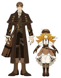 Rule 34 | 1boy, 1girl, a-pose, absurdres, ascot, asymmetrical gloves, bag, baggy pants, belt, blonde hair, brown capelet, brown coat, brown dress, brown footwear, brown gloves, brown hair, brown hat, brown pants, capelet, closed mouth, coat, cross-laced footwear, dress, expressionless, eyebrows hidden by hair, gears, gloves, goggles, goggles on headwear, green shirt, hair between eyes, hat, highres, jewelry, juliette (mushoku tensei), light blush, looking at viewer, multiple belts, mushoku tensei, nail polish, pants, partially fingerless gloves, ravi-617, ring, shirt, shoulder bag, signature, steampunk, striped clothes, striped shirt, white ascot, white dress, white pants, yellow eyes, zanoba shirone