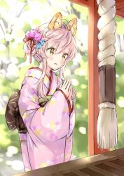 Rule 34 | 1girl, :d, animal ear fluff, animal ears, blue flower, blush, brown eyes, commentary request, floral print, flower, hair between eyes, hair bun, hair flower, hair ornament, hair ribbon, hands up, hatsumoude, japanese clothes, kimono, long hair, long sleeves, new year, obi, open mouth, original, own hands together, pink flower, pink hair, pink kimono, print kimono, red ribbon, ribbon, sash, sidelocks, single hair bun, sleeves past wrists, smile, solo, wataame27, wide sleeves, wolf-chan (wataame27), wolf ears