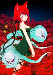 Rule 34 | 1girl, animal ears, bare shoulders, bell, braid, cat ears, cat girl, cat tail, dorogumi, female focus, flower, kaenbyou rin, multiple tails, red eyes, red hair, short hair, skull, solo, spider lily, tail, tail bell, tail ornament, touhou, twin braids, twintails