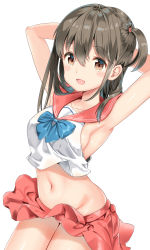 Rule 34 | 1girl, :d, arm behind head, armpits, arms up, blush, breasts, brown eyes, brown hair, collarbone, commentary request, crop top, groin, hair between eyes, highres, long hair, medium breasts, mimikaki (men bow), navel, no panties, one side up, open mouth, original, pleated skirt, red sailor collar, red skirt, sailor collar, school uniform, serafuku, shirt, simple background, skirt, sleeveless, sleeveless shirt, smile, solo, white background, white shirt