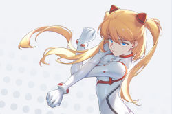 Rule 34 | 1girl, absurdres, artist request, blue eyes, blush, bodysuit, breast press, breasts, evangelion: 3.0+1.0 thrice upon a time, glowing, glowing eyes, grey background, headgear, highres, long hair, medium breasts, neon genesis evangelion, orange hair, plugsuit, rebuild of evangelion, shiny clothes, sidelocks, simple background, skin tight, solo, souryuu asuka langley, stretching, very long hair, white bodysuit