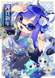 Rule 34 | 2022, 4girls, absurdres, animal costume, animal ears, animal print, aqua eyes, aqua hair, arms up, asymmetrical bangs, bazumi, blue eyes, blue hair, blue kimono, blunt bangs, chibi, commentary, fake animal ears, fake tail, fang, flower, furisode, hair flower, hair ornament, happy new year, highres, inkling, inkling girl, inkling player character, japanese clothes, kimono, long hair, long sleeves, looking at viewer, looking back, medium hair, mini person, minigirl, multiple girls, new year, nintendo, obi, octoling, octoling girl, octoling player character, open mouth, pointy ears, print kimono, sash, skin fang, smile, splatoon (series), standing, suction cups, tail, tentacle hair, tiger costume, tiger ears, tiger print, tiger tail, translated, wide sleeves
