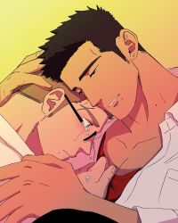 Rule 34 | 2boys, bara, black hair, blush, comforting, couple, crying, crying with eyes open, fle0423, hand on another&#039;s head, heads together, highres, interracial, light brown hair, long sideburns, male focus, multiple boys, muscular, muscular male, original, pectoral cleavage, pectorals, shirt grab, short hair, sideburns, tears, upper body, yaoi