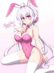 Rule 34 | 1girl, ahoge, animal ears, arm at side, bare shoulders, between breasts, breasts, cleavage, closed mouth, collar, covered navel, detached collar, detached sleeves, fake animal ears, gradient background, hair between eyes, hair ornament, hairband, hand on own chest, hand up, large breasts, legs apart, leotard, long hair, looking at viewer, low twintails, necktie, necktie between breasts, no shoes, pink background, pink eyes, pink hairband, pink leotard, pink necktie, playboy bunny, rabbit ears, rabbit tail, senki zesshou symphogear, silver hairband, sitting, smile, solo, thank you, thighhighs, twintails, very long hair, wariza, white collar, white thighhighs, white wrist cuffs, wrist cuffs, yukine chris, zetsumu
