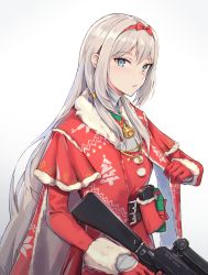 Rule 34 | 1girl, alternate costume, an-94, an-94 (girls&#039; frontline), assault rifle, bell, belt buckle, blue eyes, box, buckle, bullet, christmas ornaments, commentary, dress, english commentary, fur trim, gift, gift box, girls&#039; frontline, gloves, gun, hairband, highres, holding, holding gun, holding weapon, long hair, long sleeves, looking at viewer, magazine (weapon), neck bell, niac, parted lips, red dress, red gloves, rifle, sidelocks, silver hair, solo, upper body, weapon, white background