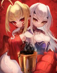 Rule 34 | 2girls, ahoge, ascot, bare shoulders, blonde hair, blue dress, braid, breasts, chalice, cup, dragon tail, dress, elbow gloves, facial mark, fate/grand order, fate (series), forked eyebrows, french braid, gloves, hair bun, hair intakes, hair ribbon, long hair, long sleeves, looking at viewer, m0 chi, melusine (fate), melusine (second ascension) (fate), multiple girls, nero claudius (fate), nero claudius (fate) (all), pointy ears, queen draco (fate), queen draco (first ascension) (fate), red dress, red eyes, red ribbon, ribbon, sidelocks, single glove, small breasts, tail, textless version, white gloves, white hair, yellow eyes