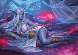 Rule 34 | 1girl, anklet, azralith (warcraft), bare shoulders, barefoot, bracelet, breasts, cleavage, colored skin, commission, dress, ear piercing, earrings, elf, fingernails, grey skin, hair spread out, highres, jewelry, large breasts, long eyebrows, long hair, lying, magic, nail polish, night elf (warcraft), on side, parted lips, piercing, pointy ears, solo, sunkeytail, warcraft, white dress, white hair, white nails, yellow eyes