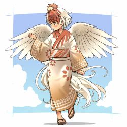 Rule 34 | 1girl, adapted costume, arm up, bird, brown eyes, chick, commentary request, feathered wings, full body, japanese clothes, kimono, multicolored hair, niwatari kutaka, obi, red hair, sandals, sash, short hair, smile, solo, tail, toes, touhou, two-tone hair, walking, white hair, wings, yudepii, zouri