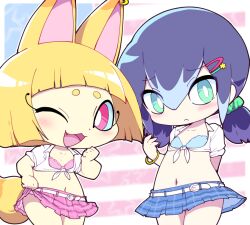 Rule 34 | 2girls, american flag, animal ears, blonde hair, blue bra, blue skirt, blunt bangs, blush, bob cut, bra, bracelet, fang, fox ears, fox girl, fox tail, frown, green eyes, jewelry, kon-tan, looking at viewer, microskirt, midriff, multicolored hair, multiple girls, navel, nollety, one eye closed, open mouth, pink bra, pink eyes, pink skirt, purple hair, shirt, short twintails, skirt, tail, tied shirt, traditional youkai, twintails, two-tone hair, underwear, youkai (youkai watch), youkai watch, yuki onna, yukionna (youkai watch)