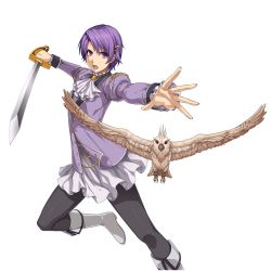 Rule 34 | 1girl, artist request, bird, black legwear, boots, breasts, eiyuu densetsu, falcon, highres, holding, holding sword, holding weapon, kloe rinz, long sleeves, looking at viewer, official art, open mouth, purple hair, short hair, simple background, small breasts, sora no kiseki, sword, transparent background, weapon, white background