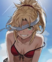 Rule 34 | 1girl, bad id, bad twitter id, bare shoulders, bikini, blonde hair, blue sky, blush, braid, breasts, collarbone, fate/grand order, fate (series), french braid, green eyes, hair ornament, hair scrunchie, highres, long hair, looking at viewer, mordred (fate), mordred (fate) (all), mordred (swimsuit rider) (fate), mordred (swimsuit rider) (first ascension) (fate), parted bangs, ponytail, red bikini, scrunchie, sidelocks, sky, small breasts, smile, solo, swimsuit, tonee
