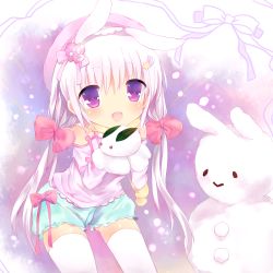 Rule 34 | 1girl, :d, animal ears, bad id, bad pixiv id, bow, carrying, hair bow, hair ornament, hair ribbon, hairclip, hat, kamichi miyaki, long hair, looking at viewer, mittens, open mouth, original, purple eyes, rabbit ears, ribbon, shooting star hair ornament, shorts, smile, snow rabbit, snowing, snowman, solo, star (symbol), star hair ornament, thighhighs, twintails, white hair, white thighhighs, zettai ryouiki