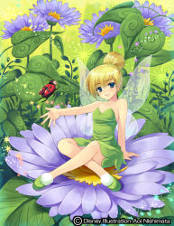 Rule 34 | 1girl, animification, arm support, bare shoulders, blonde hair, blue eyes, blush, bug, disney, dress, earrings, fairy wings, flower, green skirt, hair bun, hair ribbon, indian style, insect, jewelry, ladybug, leaf, nishimata aoi, official art, outstretched arm, peter pan (disney), ribbon, single hair bun, sitting, skirt, smile, solo, tinker bell (disney), wings