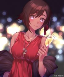 Rule 34 | 1girl, alternate skin color, artist name, blurry, blurry background, blush, brown hair, closed mouth, collarbone, cross, cross necklace, cup, dark-skinned female, dark skin, dress, drinking glass, gradient hair, grey eyes, hair between eyes, highres, holding, holding cup, jewelry, kio rojine, lens flare, looking at viewer, multicolored hair, necklace, red dress, red hair, ruby rose, rwby, sash, short hair, sleeveless, sleeveless dress, smile, solo, swept bangs, upper body, wine glass
