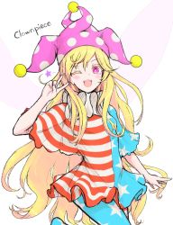 Rule 34 | 1girl, ;d, american flag dress, blonde hair, blush, breasts, character name, clownpiece, cowboy shot, fairy wings, foot out of frame, hair between eyes, hat, highres, jester cap, long hair, neck ruff, one eye closed, open mouth, pantyhose, pink eyes, polka dot, shokabatsuki, simple background, small breasts, smile, solo, standing, standing on one leg, star-shaped pupils, star (symbol), star print, symbol-shaped pupils, touhou, v, very long hair, white background, wings