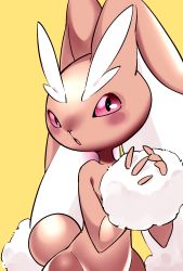 Rule 34 | 1girl, animal nose, black sclera, blush, blush stickers, body fur, brown fur, collarbone, colored sclera, creatures (company), female focus, flat chest, furry, furry female, game freak, gen 4 pokemon, hands up, highres, looking at viewer, lopunny, miyoshi (miyoshi sikb), nintendo, nose blush, open mouth, own hands together, pokemon, pokemon (creature), rabbit ears, rabbit girl, rabbit tail, red eyes, simple background, solo, two-tone fur, upper body, white fur, wide hips, yellow eyes