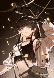 Rule 34 | 1girl, ahoge, arknights, arm up, armpit peek, artist name, bag, belt, black bag, black camisole, black choker, black gloves, black halo, black pants, black straps, blunt bangs, breasts, broken halo, brown background, brown hair, camisole, chain, checkered clothes, chinese commentary, chinese text, choker, collarbone, colored inner hair, commentary request, cowboy shot, dark halo, ear piercing, earrings, eyelashes, from side, gem, glint, gloves, gold chain, gradient background, grey eyes, hair ornament, hairclip, halo, hand out of frame, highres, jacket, jewelry, lapels, light brown background, light brown hair, light particles, lips, long hair, long sleeves, looking at viewer, looking to the side, medium breasts, midriff, mole, mole under eye, multicolored hair, multiple earrings, multiple rings, musical note, musical note earrings, navel, open clothes, open jacket, pale skin, pants, parted lips, pearl (gemstone), piercing, print jacket, puffy long sleeves, puffy sleeves, ring, shadow, shawl lapels, shoulder bag, shoulder strap, sideways glance, single glove, sleeve cuffs, small breasts, smile, solo, spiked choker, spikes, spotlight, standing, star (symbol), star earrings, star print, stomach, straight hair, strap, string, teeth, torn camisole, torn clothes, tuni, two-tone hair, two side up, v, very long hair, virtuosa (arknights), watermark, weibo logo, weibo username, white belt, white jacket