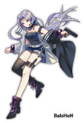 Rule 34 | 1girl, armband, artist name, belt, black footwear, black jacket, black shirt, clenched hand, garter straps, gun, hair intakes, headset, highres, holding, holding gun, holding weapon, jacket, kingzhizhu, long hair, long sleeves, looking at viewer, original, purple eyes, purple footwear, purple hair, shirt, shorts, simple background, single thighhigh, smile, solo, star (symbol), thigh strap, thighhighs, weapon, white background, white jacket