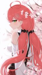Rule 34 | 1girl, absurdres, ahoge, blush, cherry blossoms, clothing cutout, commentary, corset, english commentary, flower, from behind, green eyes, hair between eyes, hair flower, hair ornament, highres, hololive, long hair, long sleeves, looking at viewer, looking back, parted lips, petals, pink flower, profile, red hair, sakura miko, sakura miko (casual), shirt, shoulder cutout, solo, standing, thomas 8000, twintails, upper body, very long hair, virtual youtuber, white shirt