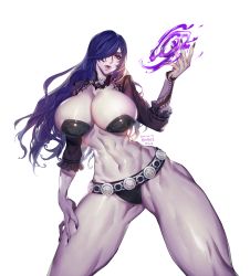 Rule 34 | 1girl, abs, absurdres, breasts, buckle, commission, highres, huge breasts, lips, long hair, magic, nail polish, nyo0214, pasties, purple hair, shrug (clothing), solo, thong, toned