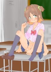 Rule 34 | + +, 1girl, absurdres, alternate costume, black socks, blue skirt, blurry, blurry background, blush, bow, bowtie, brown footwear, brown hair, candy, chalkboard, classroom, clothes around waist, collarbone, colored inner hair, commentary, desk, dot nose, earrings, eyes visible through hair, flat chest, food, full body, green eyes, gyaru, hair intakes, hair ornament, hair scrunchie, highres, holding, holding candy, holding food, holding lollipop, indoors, jacket, jacket around waist, jewelry, kneehighs, kogal, lollipop, looking at viewer, multicolored hair, oka asahi, on desk, onii-chan wa oshimai!, orange hair, pink shirt, pleated skirt, red bow, red bowtie, saka shiumai, school desk, scrunchie, shirt, shoe dangle, shoes, short hair, single shoe, sitting, skirt, smile, socks, solo, split mouth, stud earrings, two-tone hair, two side up, wing collar