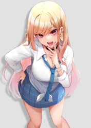 Rule 34 | 1girl, blonde hair, blue necktie, blue skirt, breasts, cleavage, collared shirt, commentary request, dress shirt, ear piercing, earrings, feet out of frame, grey background, hair between eyes, hand on own hip, jewelry, kitagawa marin, leaning forward, long hair, long sleeves, looking at viewer, medium breasts, minato yu, nail polish, necktie, open mouth, piercing, pleated skirt, red eyes, red nails, school uniform, shirt, skirt, solo, sono bisque doll wa koi wo suru, standing, tongue, tongue out, v over eye, very long hair, white shirt
