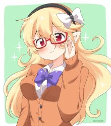 Rule 34 | 1girl, alternate costume, bespectacled, black hairband, blonde hair, closed mouth, corrin (female) (fire emblem), corrin (fire emblem), eromame, fire emblem, fire emblem fates, glasses, green background, hairband, long hair, long sleeves, nintendo, pointy ears, red-framed eyewear, red eyes, simple background, solo, twitter username, upper body