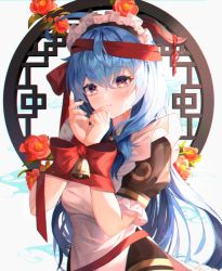 Rule 34 | 1girl, adapted costume, alternate costume, apron, bad id, bad pixiv id, bell, blue hair, blush, bound, bound wrists, bow, breasts, closed mouth, cowboy shot, crying, crying with eyes open, enmaided, flower, frilled sleeves, frills, frown, ganyu (genshin impact), genshin impact, horn ornament, horn ribbon, horns, long hair, maid, maid headdress, medium breasts, minttchocok, puffy short sleeves, puffy sleeves, purple eyes, red bow, red flower, ribbon, short sleeves, solo, tears, tied up (nonsexual), very long hair, white apron
