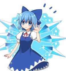 Rule 34 | 1girl, bad id, bad twitter id, blue eyes, blue hair, bow, cirno, collared shirt, cowboy shot, dress, hair bow, ice, ice wings, looking at viewer, matching hair/eyes, neck ribbon, no legs, puffy short sleeves, puffy sleeves, ribbon, shirt, short hair, short sleeves, smile, solo, sparkle, ^^^, touhou, waving, wings, yada (xxxadaman)