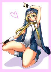 Rule 34 | 1boy, arc system works, arm up, armpits, blonde hair, blue eyes, blush, bridget (guilty gear), bulge, covered navel, cross, crossdressing, fingerless gloves, gloves, guilty gear, habit, hat, heart, hip focus, kneeling, male focus, navel, nun, panties, ribbon, short hair, sidelocks, simple background, socks, solo, striped clothes, striped panties, thick thighs, thighs, trap, underwear, wadani hitonori, white background, wide hips, wrist cuffs