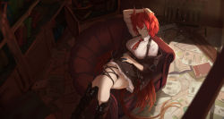 Rule 34 | 1girl, arknights, arm up, armchair, black footwear, black jacket, black skirt, boots, breasts, chair, closed eyes, closed mouth, collared shirt, crossed legs, feather hair, fiammetta (arknights), frilled skirt, frills, from above, high-waist skirt, highres, id card, indoors, jacket, knee boots, large breasts, light particles, messy, necktie, nev (nevblindarts), off shoulder, open clothes, open jacket, paper, red hair, red necktie, shelf, shirt, short hair, short sleeves, sitting, skirt, solo, thigh strap, white shirt