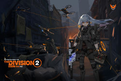 Rule 34 | 1girl, absurdres, ammunition pouch, black gloves, closed mouth, elbow pads, gabafw, gas mask, gloves, grey sky, gun, hair between eyes, headphones, highres, holding, holding gun, holding weapon, knee pads, kriss usa, kriss vector, long hair, looking at viewer, magpul, mask, military, military uniform, orange eyes, original, osprey 45, outdoors, polygonal suppressor, pouch, robot, silencerco, sky, sleeves rolled up, solo, standing, submachine gun, suppressor, tom clancy&#039;s the division, transformational defense industries, uniform, v-shaped eyebrows, weapon, white hair