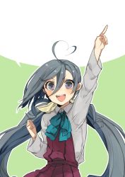 Rule 34 | 10s, 1girl, ahoge, grey eyes, grey hair, hair between eyes, heart, heart ahoge, hita (hitapita), kantai collection, kiyoshimo (kancolle), long hair, open mouth, pointing, pointing up, school uniform, smile, solo, twintails, very long hair
