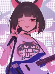 Rule 34 | 1girl, absurdres, animal ears, bass guitar, black choker, black hair, black mask, blue archive, blunt bangs, blurry, cat ears, choker, commentary request, depth of field, earclip, extra ears, highres, holding, holding microphone, instrument, kazusa (band) (blue archive), kazusa (blue archive), looking at viewer, mask, mask around neck, microphone, microphone stand, official alternate costume, one eye closed, pink eyes, pink hair, randouworks, shirt, short hair, short sleeves, solo, tongue, tongue out, upper body, white shirt, wristband