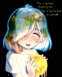 Rule 34 | 1girl, absurdres, blue hair, closed eyes, core, earth-chan, earth (planet), flat chest, glowing, highres, lava, multicolored hair, ognifireheart, open mouth, original, planet, shirt, solo, star (sky), t-shirt