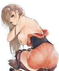 Rule 34 | 10s, 1girl, ass, back, belt, black thighhighs, breasts, brown hair, closed mouth, corset, covering privates, covering breasts, deep skin, dripping, from behind, hair down, hand on breast, hand on own neck, highres, japanese clothes, kajika (kabaneri), koutetsujou no kabaneri, large breasts, long hair, looking at viewer, looking back, open belt, over-kneehighs, seiza, sideboob, simple background, sitting, skin tight, smile, solo, thighhighs, tokopi, water drop, wet, wet hair, white background, yellow eyes