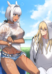 Rule 34 | 1boy, 1girl, puff of air, animal ears, belt, bikini, black belt, black bikini, black hairband, blonde hair, blue eyes, blue sky, body markings, borrowed clothes, breasts, caenis (fate), cloud, commentary request, cowboy shot, cutoffs, dark-skinned female, dark skin, denim, denim shorts, drying, extra ears, fate/grand order, fate (series), gloves, groin, hair between eyes, hair intakes, hairband, highleg, highleg bikini, jacket, jacket on shoulders, kirschtaria wodime, large breasts, long hair, long sleeves, looking at another, micro shorts, midriff, navel, pants, ponytail holder, rice paddy, sabamori, see-through, shirt, short sleeves, shorts, sidelocks, sitting, sky, smile, swimsuit, tattoo, towel, towel on head, water, wet, wet clothes, wet shirt, white gloves, white hair, white jacket, white pants, white shirt