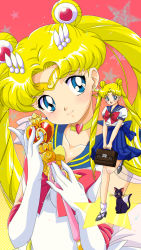 Rule 34 | 1990s (style), 1girl, anime coloring, bag, bishoujo senshi sailor moon, bishoujo senshi sailor moon s, black cat, blonde hair, blue eyes, blue sailor collar, blush, bow, brooch, cat, choker, closed mouth, collarbone, double bun, dual persona, elbow gloves, gloves, hair bun, hair ornament, hairclip, head tilt, heart, heart brooch, heart choker, heart necklace, highres, holding, jewelry, looking at viewer, luna (sailor moon), magical girl, mikiky, multiple views, neck, necklace, official style, open mouth, parted bangs, pleated skirt, red background, red bow, retro artstyle, sailor collar, sailor moon, school bag, school uniform, see-through, see-through sleeves, serafuku, short sleeves, skirt, smile, spiral heart moon rod, standing, standing on one leg, star (symbol), super sailor moon, tiara, tsukino usagi, twintails, wand, white gloves