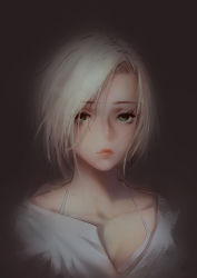 1girl, absurdres, blouse, breasts, ciri, cleavage, green eyes, highres, lipstick, looking back, makeup, pale skin, pink lips, portrait, qiu yeliangfeng, scar, silver hair, solo focus, the witcher, the witcher 3, tied hair, white blouse