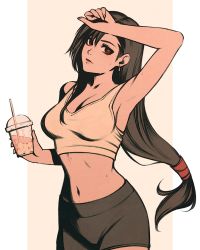Rule 34 | 1girl, armpits, asymmetrical bangs, black hair, black skirt, breasts, cleavage, closed mouth, commentary, cowboy shot, cropped shirt, cup, disposable cup, drink, drinking straw, earrings, english commentary, final fantasy, final fantasy vii, hair tie, hand up, high contrast, holding, holding cup, holding drink, ice, ice cube, jewelry, lips, long hair, low-tied long hair, midriff, miniskirt, moshimoshibe, navel, outside border, red eyes, skirt, solo, square enix, sweat, tank top, texture, tifa lockhart, very long hair, white background, white tank top