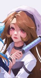 Rule 34 | 1girl, black choker, brown hair, choker, closed mouth, hands up, highres, holding, holding staff, k/da lillia, league of legends, lillia (league of legends), long hair, long sleeves, official alternate costume, red eyes, shirt, simple background, solo focus, staff, syami (choiimi), teamfight tactics, white background, white hair, white shirt
