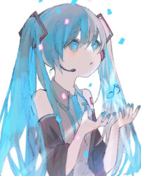 Rule 34 | + +, 1girl, absurdres, aqua nails, bare shoulders, black sleeves, blue eyes, blue hair, blue necktie, collared shirt, commentary request, confetti, cupping hands, detached sleeves, dot nose, eighth note, expressionless, fingernails, flat chest, glowing, grey shirt, hair between eyes, hands up, hatsune miku, headset, highres, irodori warabi, light rays, long hair, looking up, musical note, necktie, number tattoo, own hands together, parted lips, shirt, shoulder tattoo, sidelocks, simple background, sleeveless, sleeveless shirt, solo, sparkle, tareme, tattoo, twintails, twitter username, upper body, vocaloid, white background, wide sleeves