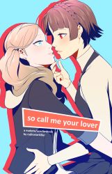 Rule 34 | 10s, 2girls, artist name, blonde hair, blue eyes, brown hair, commentary, cover, cover page, earrings, english text, face-to-face, from side, imminent kiss, jewelry, multiple girls, niijima makoto, persona, persona 5, radiostarkiller, red eyes, sample watermark, smile, takamaki anne, watermark, yuri