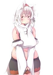 Rule 34 | 1girl, animal ears, bare shoulders, blush, breasts, dog ears, highres, inubashiri momiji, large breasts, looking at viewer, midriff, navel, plump, red eyes, shishi juuroku, short hair, solo, thick eyebrows, thick thighs, thighs, touhou, white hair