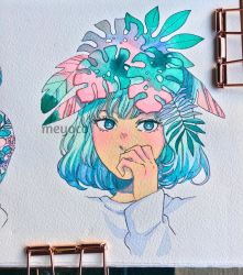 Rule 34 | 1girl, aqua eyes, aqua hair, artist name, bad id, bad instagram id, covered mouth, covering own mouth, hand over own mouth, hand up, highres, leaf, leaf on head, long sleeves, looking at viewer, meyoco, original, photo (medium), portrait, shirt, solo, traditional media, white shirt