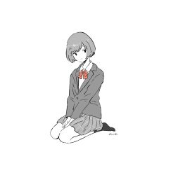 Rule 34 | 1girl, ame (amemgmgmg), bad id, bad pixiv id, between legs, bow, bowtie, collared shirt, full body, greyscale, hand between legs, jacket, long sleeves, monochrome, original, pleated skirt, red bow, red bowtie, school uniform, seiza, shirt, short hair, signature, simple background, sitting, skirt, smile, solo, spot color, white background