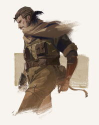 Rule 34 | 1boy, belt, black gloves, brown hair, brown pants, brown scarf, camouflage, camouflage jacket, cropped torso, facial hair, from side, gloves, jacket, male focus, mature male, metal gear (series), metal gear solid v: the phantom pain, mustache, pants, prosthesis, prosthetic arm, scarf, short ponytail, sideburns, solo, souyuu, twitter username, venom snake